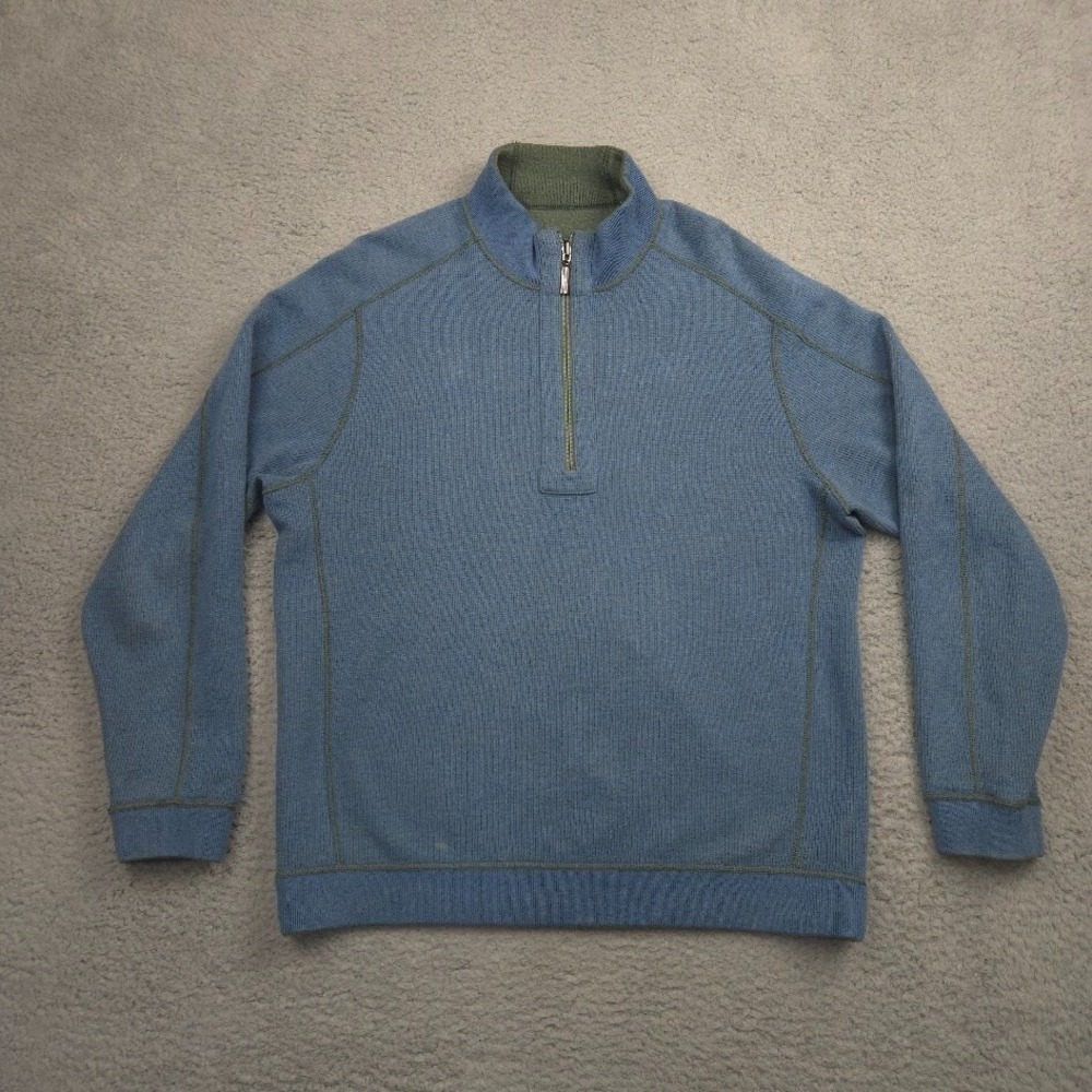 Tommy Bahama Reversible Quarter Zip Sweater Mens Large Blue Green Knit